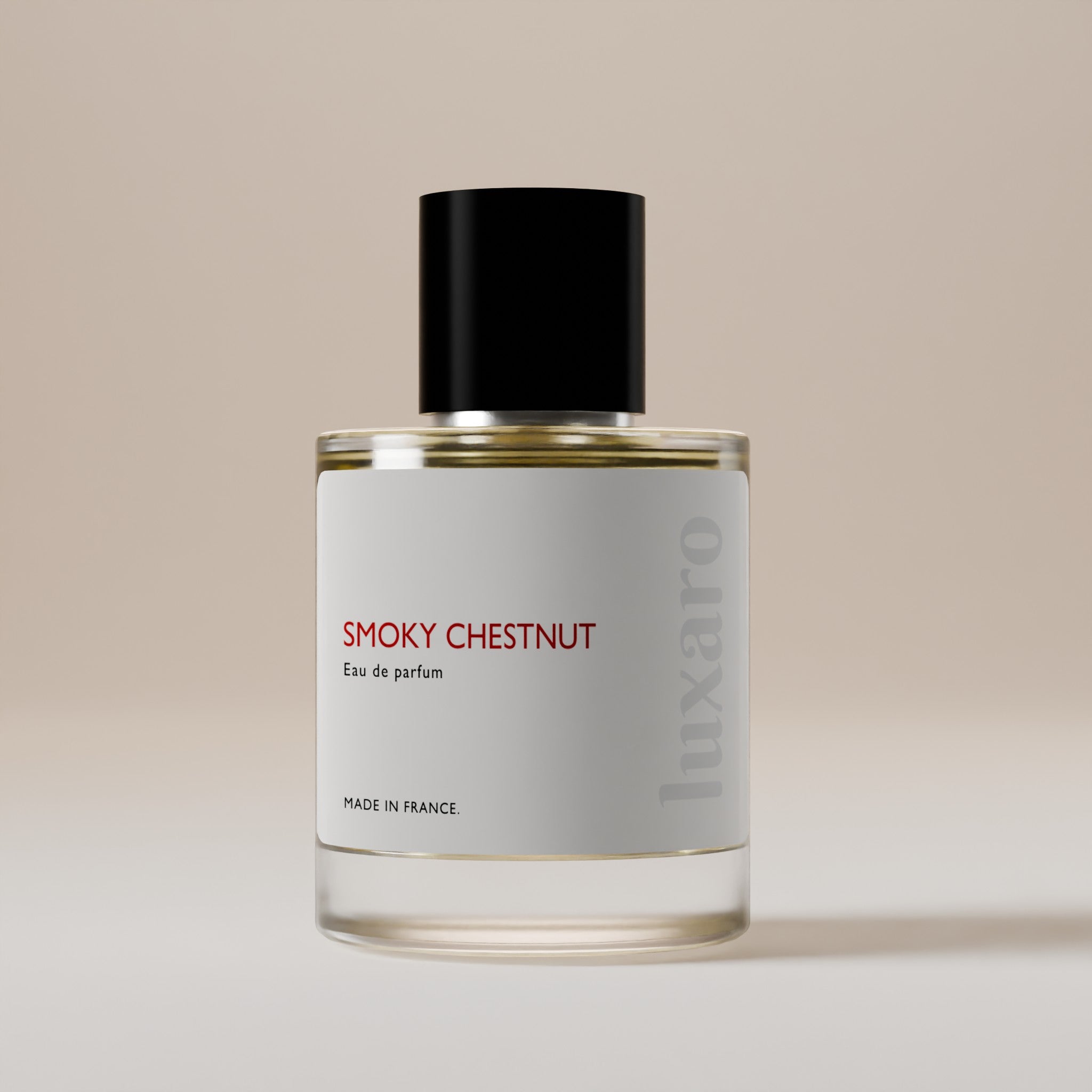 Luxaro Smoky Chestnut perfume, inspired by Armani's Stronger With You dupe, featuring chestnut, sugar, and vanilla notes, Made in France.
