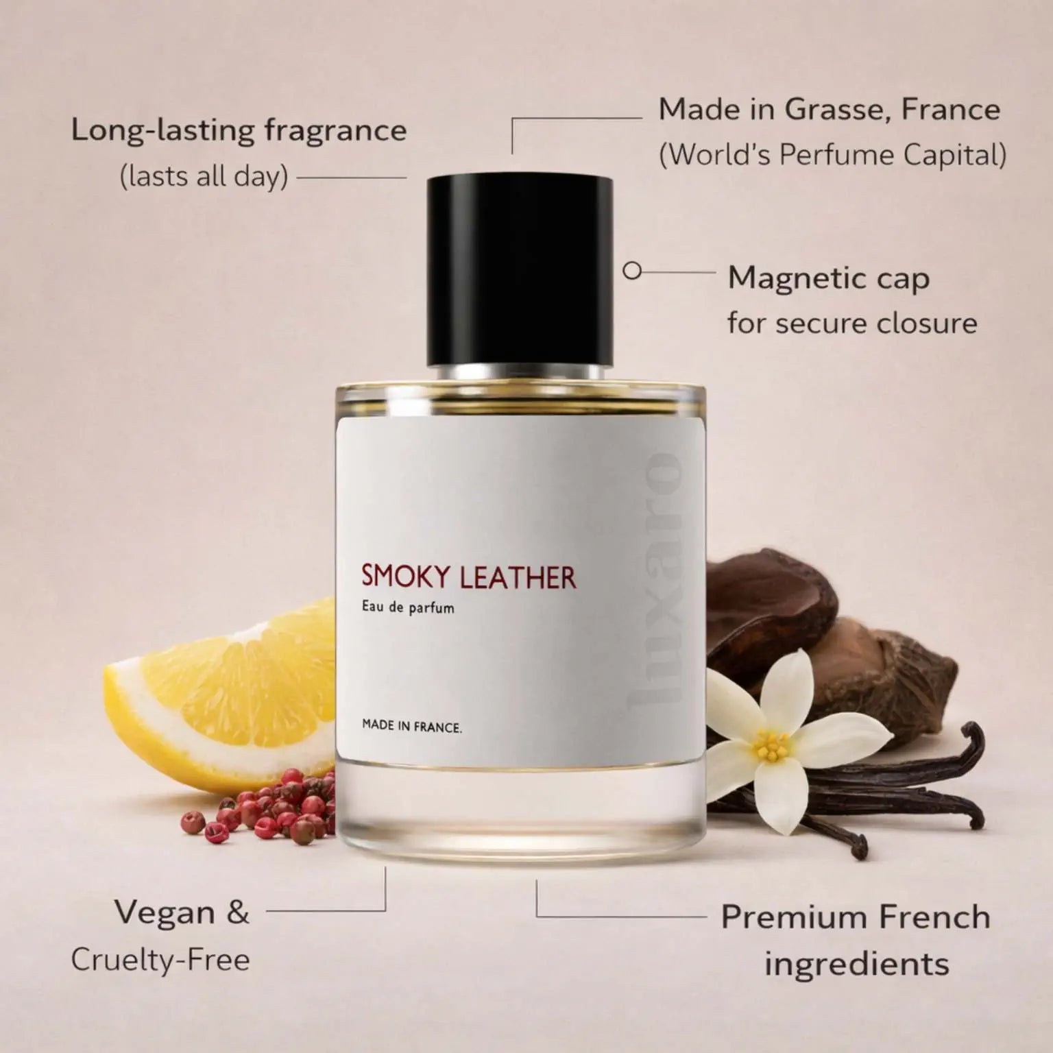 Smoky Leather designer inspired perfume by Luxaro, made in France in Grasse, long lasting, vegan and cruelty free