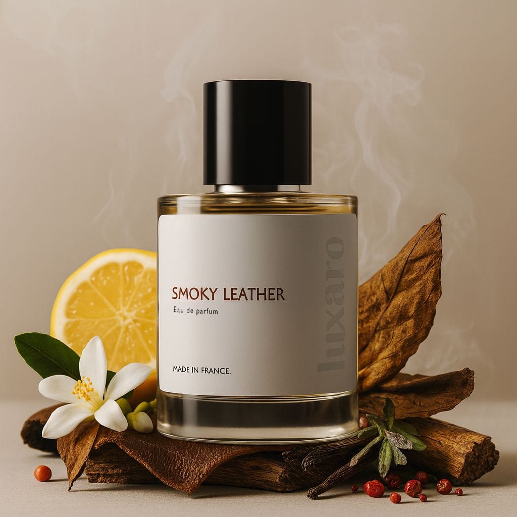 Luxaro Smoky Leather perfume featuring leather, lemon, and tobacco, inspired by Maison Margiela's Jazz Club dupe - affordable alternative made in France