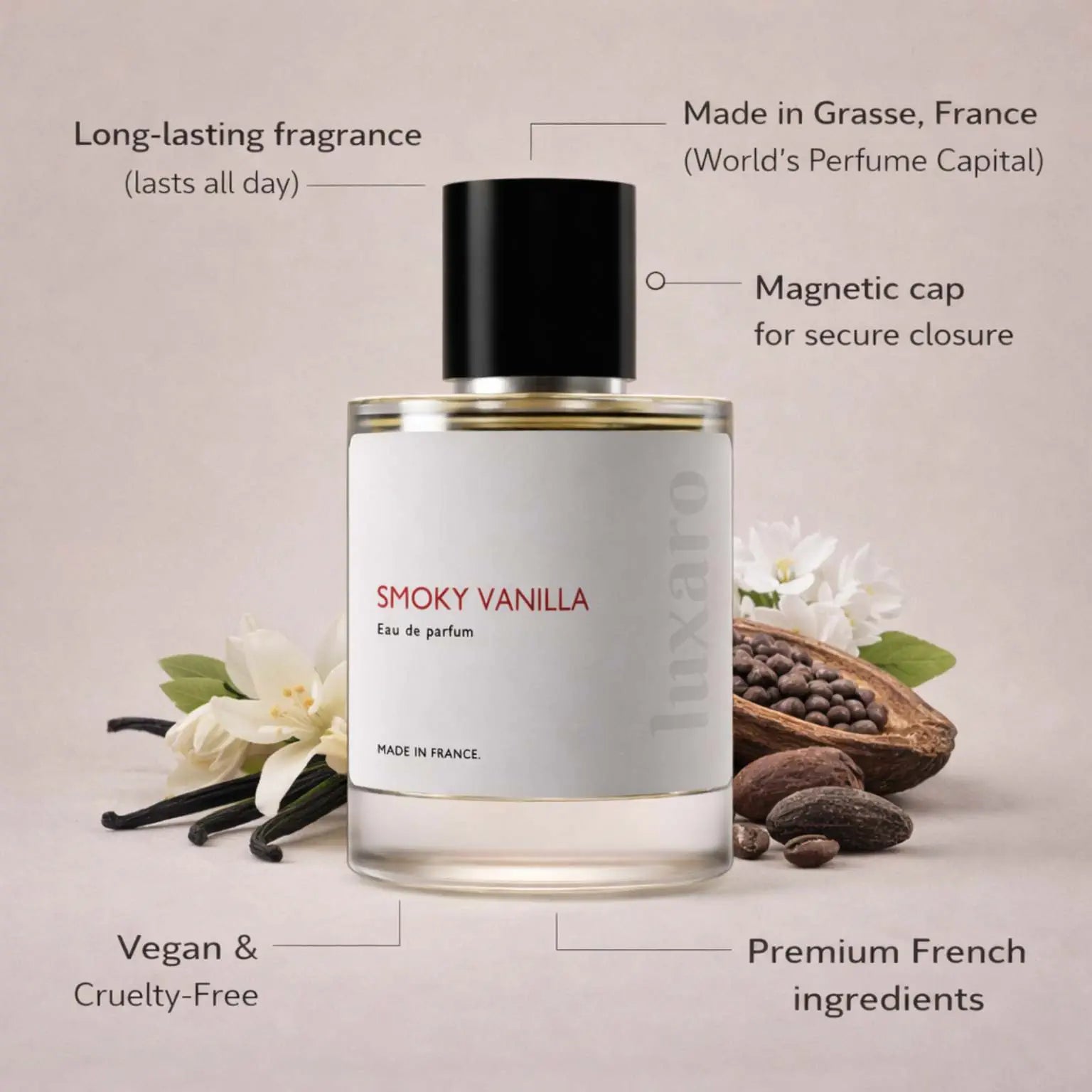 Smoky Vanilla designer inspired perfume by Luxaro, made in France in Grasse, long lasting, vegan and cruelty free