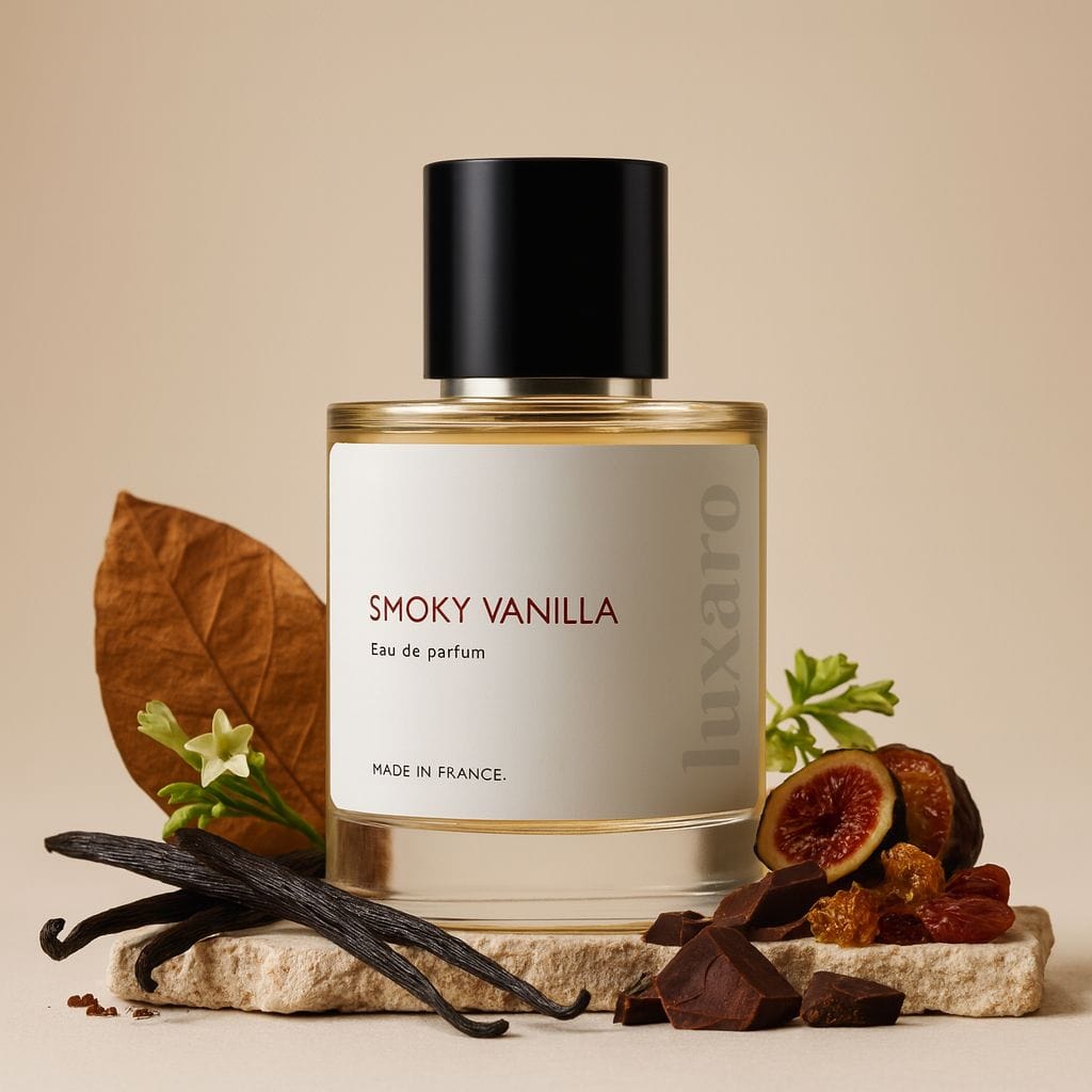 Luxaro Smoky Vanilla perfume featuring tobacco leaf, vanilla, and cacao, inspired by Tom Ford's Tobacco Vanille dupe - affordable alternative made in France