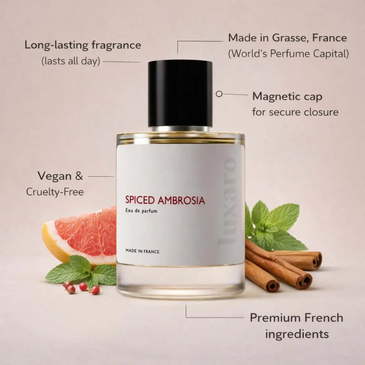 Spiced Ambrosia designer inspired perfume by Luxaro, made in France in Grasse, long lasting, vegan and cruelty free