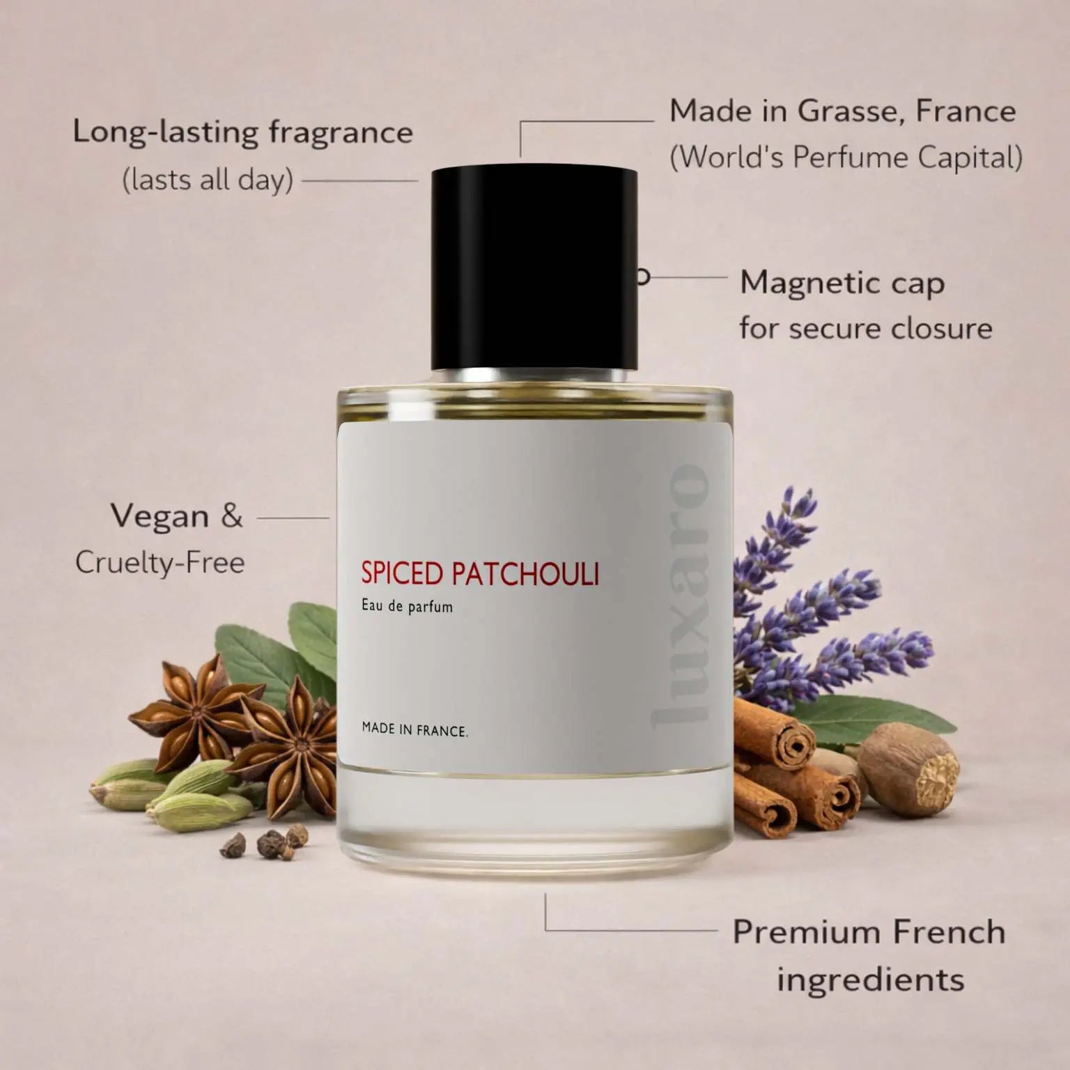 Spiced Patchouli designer inspired perfume by Luxaro, made in France in Grasse, long lasting, vegan and cruelty free