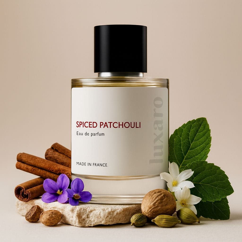 Luxaro Spiced Patchouli perfume with ingredients: patchouli, cardamom, and agarwood, inspired by Penhaligon's Halfeti Leather dupe - affordable alternative made in france