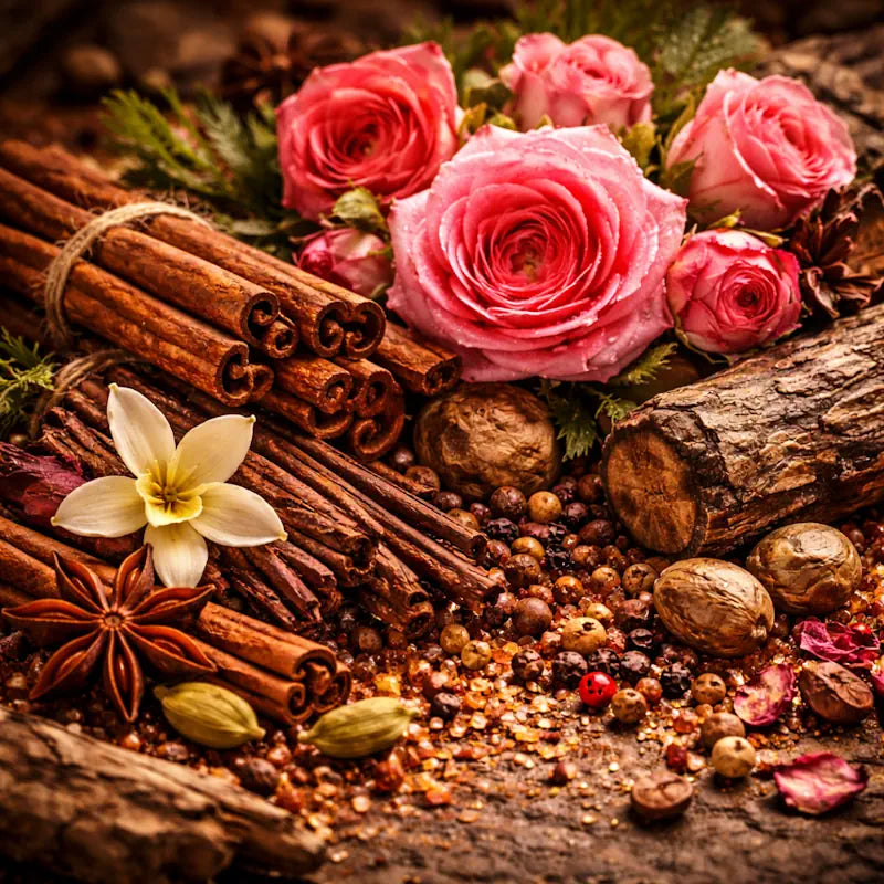 Spiced rose and woody designer inspired perfume collection with warm floral and woody scent profile