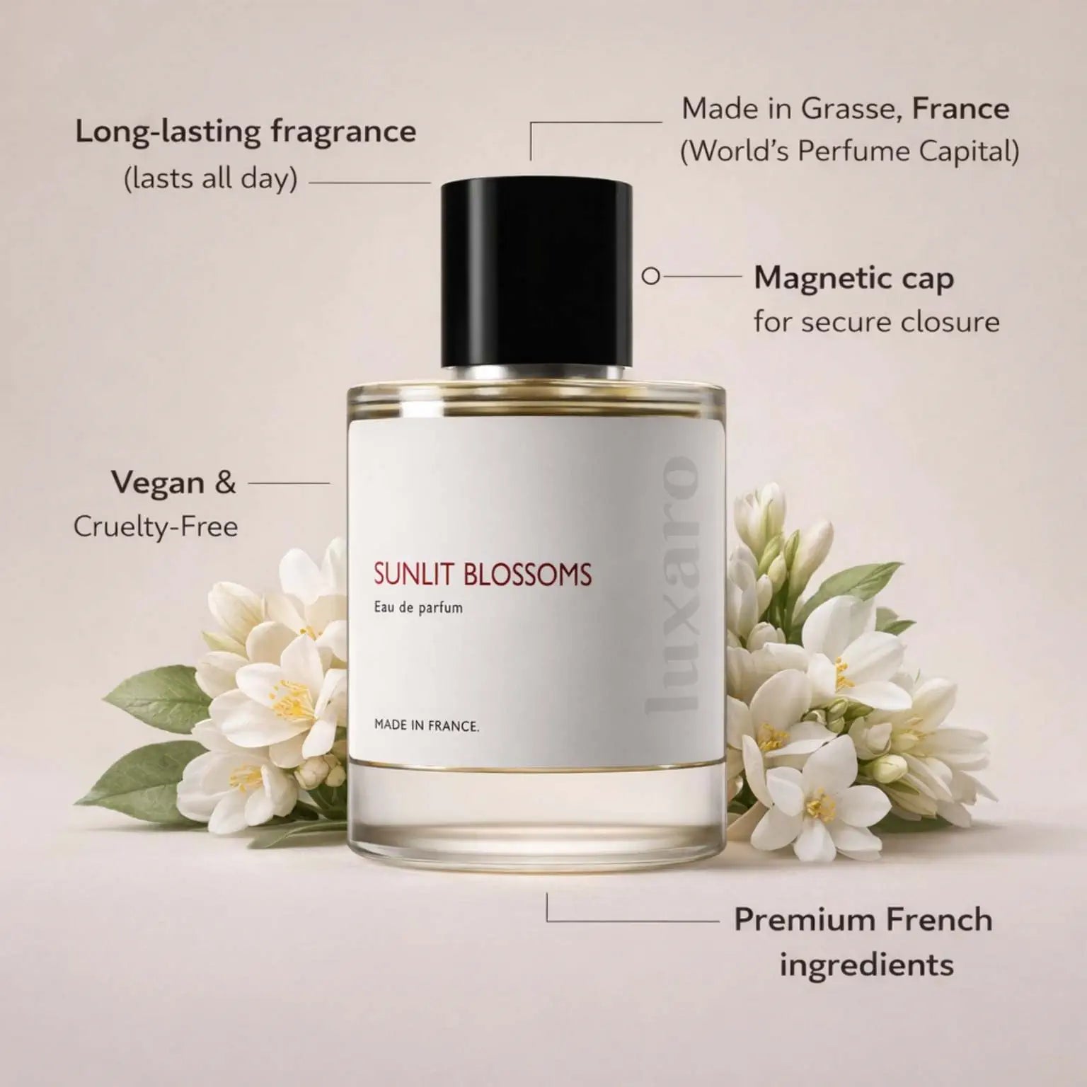 Sunlit Blossoms designer inspired perfume by Luxaro, made in France in Grasse, long lasting, vegan and cruelty free