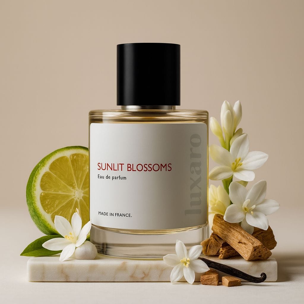 Luxaro Sunlit Blossoms perfume featuring orange blossom, tuberose, and vanilla, inspired by Armani's My Way dupe - affordable alternative made in France