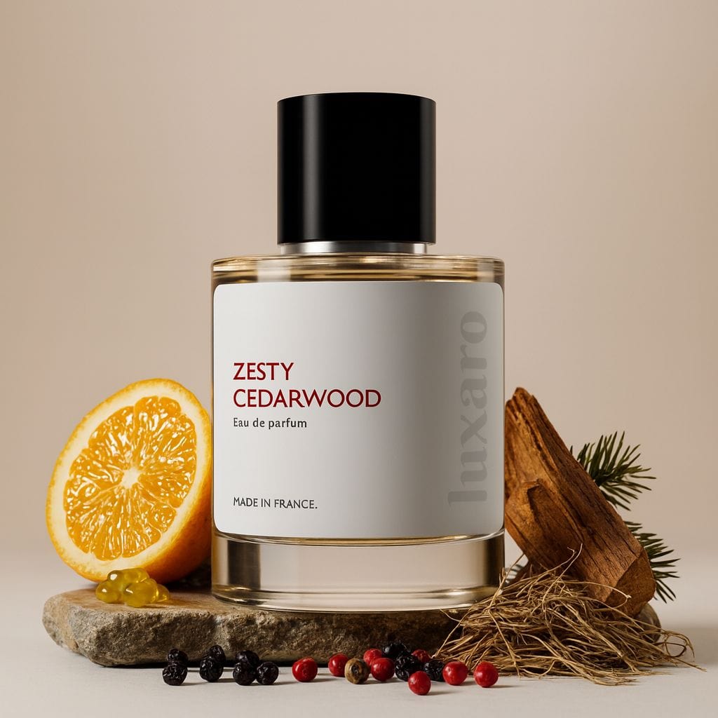 Luxaro Zesty Cedarwood perfume featuring orange, elemi resin, and amber, inspired by Hermès's Eau Des Merveilles dupe - affordable alternative made in France