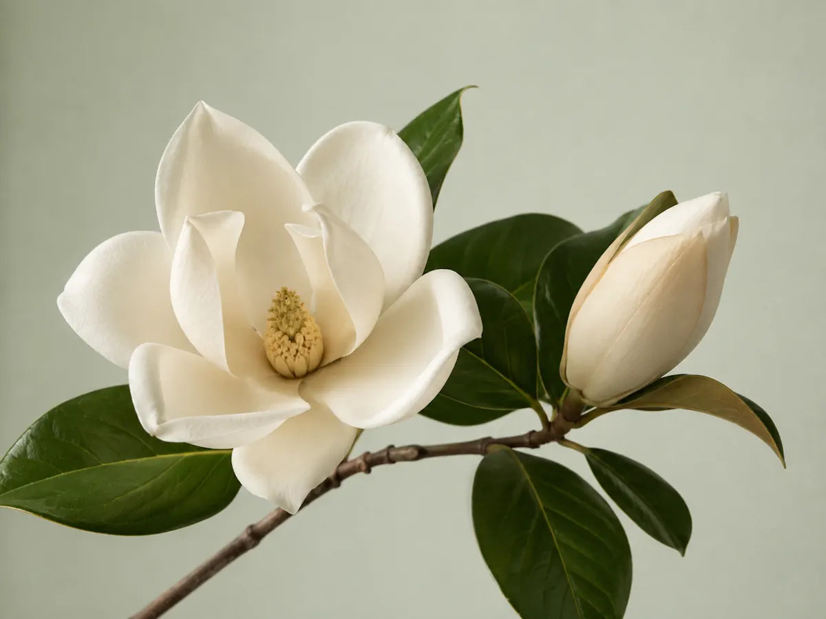 Ivory magnolia flower and bud with deep green leaves on a pale pistachio-grey background
