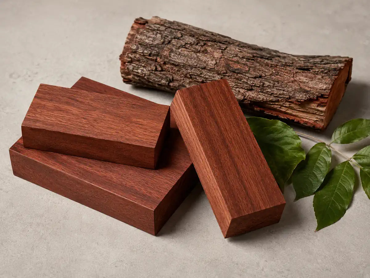 Reddish mahogany wood, natural bark and green leaves on a pale warm grey background