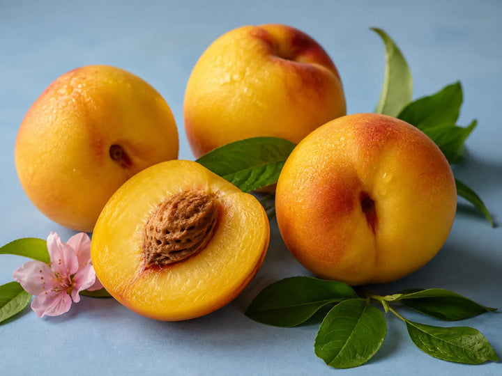 Ripe golden nectarines with green leaves and a pale blossom on a dusty blue background