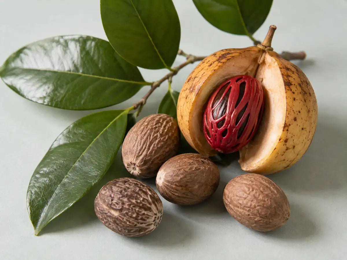 Whole nutmeg seeds, an open nutmeg fruit with red mace and green leaves on a pale mint-grey background