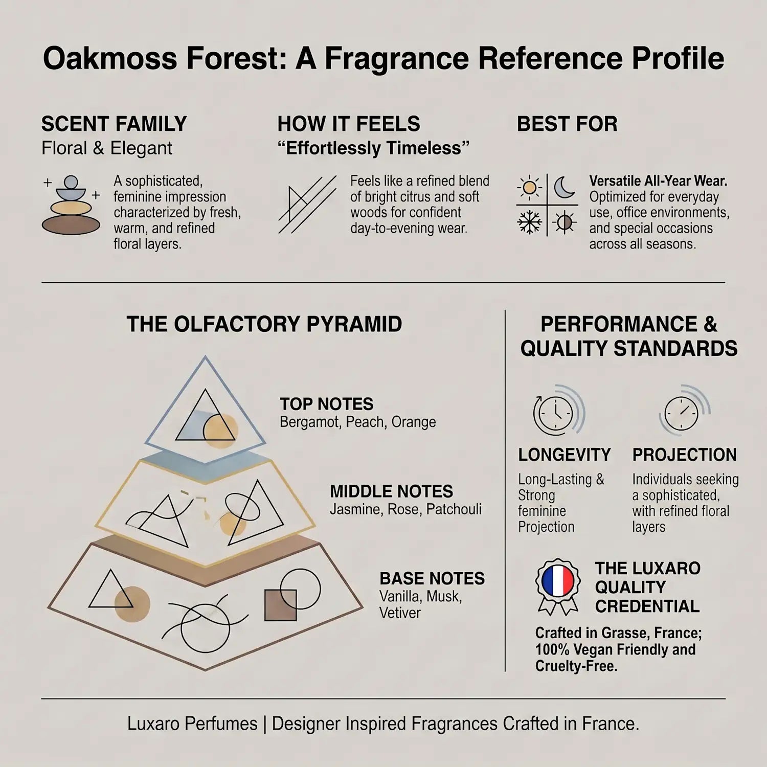 Oakmoss Forest is a Coco Mademoiselle dupe perfume by Luxaro, made in France fragrance infographic showing scent profile, key notes, performance and fragrance family