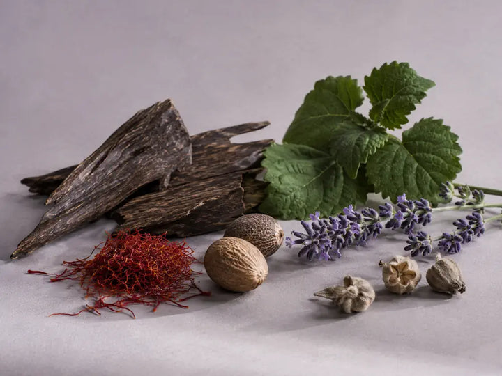 Oud wood, saffron, nutmeg, patchouli and lavender representing an oud accord in perfume