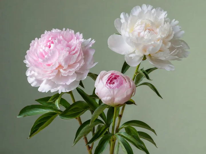 Pale pink and white peony flowers with green leaves and stems on a light misty sage background