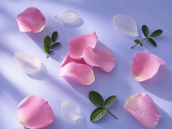 Pink rose petals and translucent petals representing the floral character of Petalia