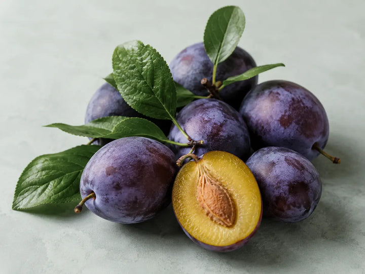 Ripe purple plums, one sliced in half, with green leaves on a pale mint-grey background