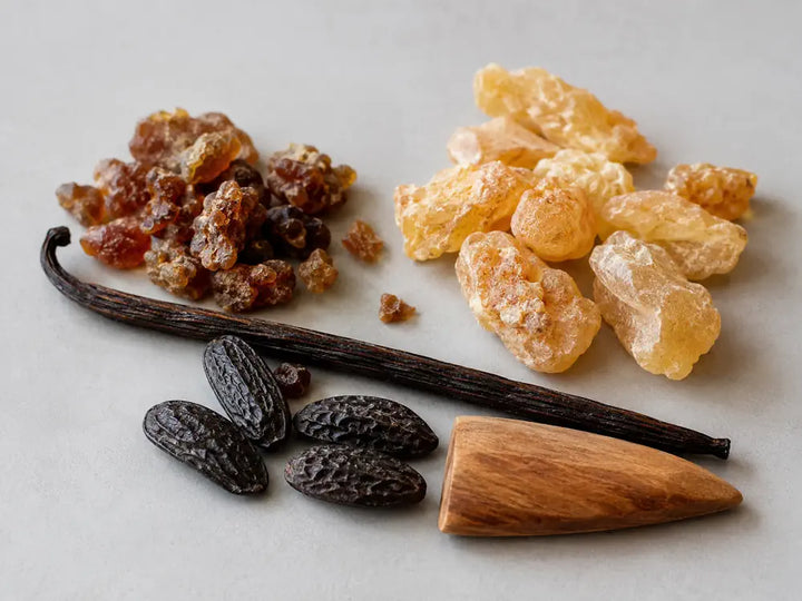 Myrrh, benzoin, vanilla, tonka and sandalwood representing a resinous accord in perfume