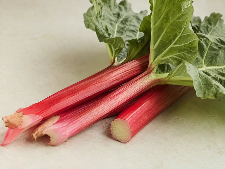 Fresh pink rhubarb stalks with green leaves on a pale yellow-grey background