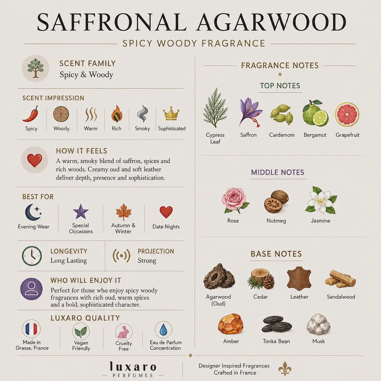 Saffronal Agarwood is a Halfeti dupe perfume by Luxaro, made in France fragrance infographic showing scent profile, key notes, performance and fragrance family