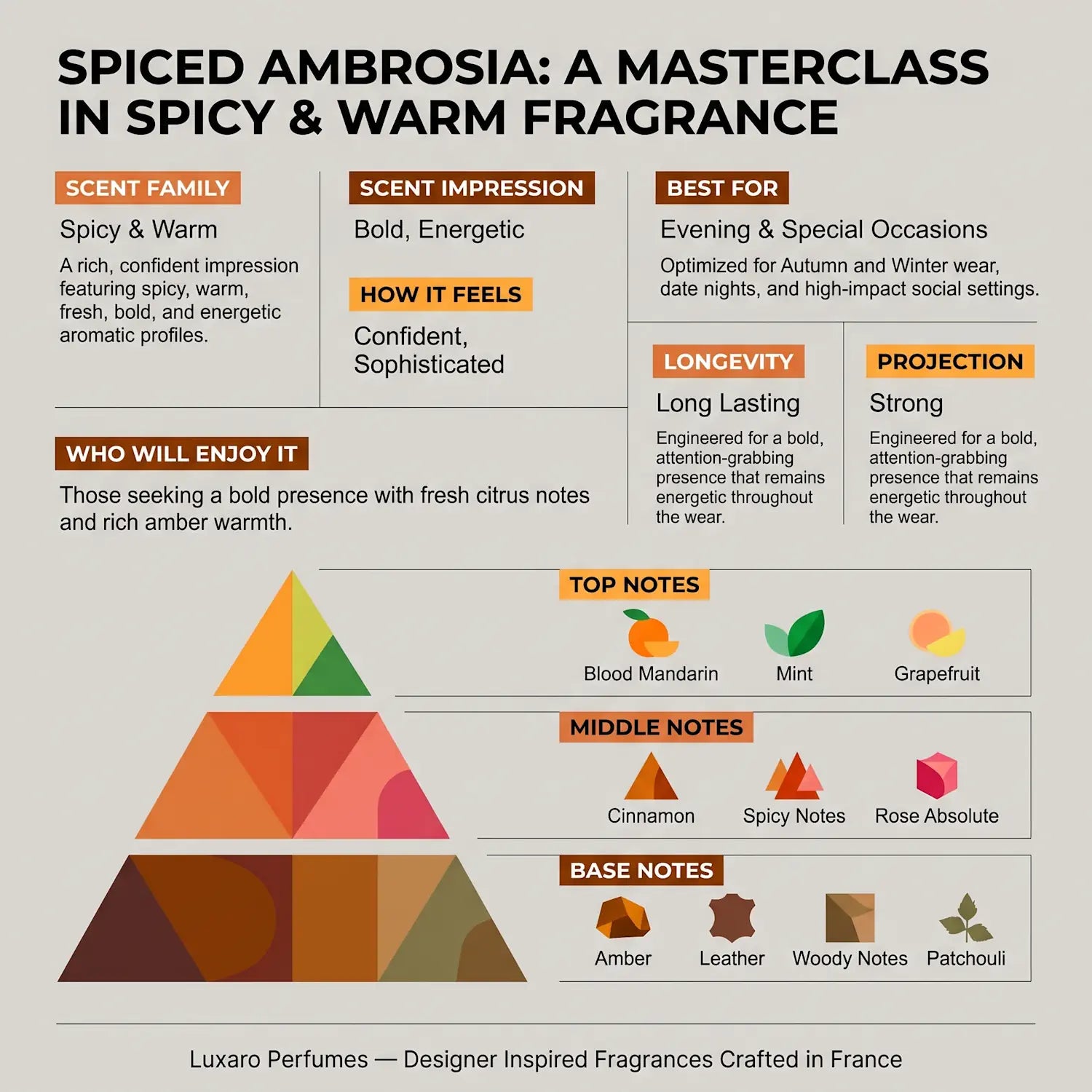 Spiced Ambrosia is a One Million dupe perfume by Luxaro, made in France fragrance infographic showing scent profile, key notes, performance and fragrance family