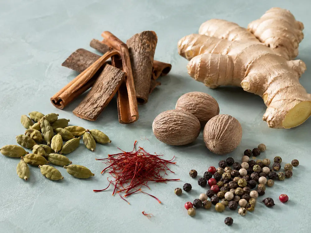 Cardamom, cinnamon, nutmeg, ginger, saffron and pepper representing a spicy accord in perfume