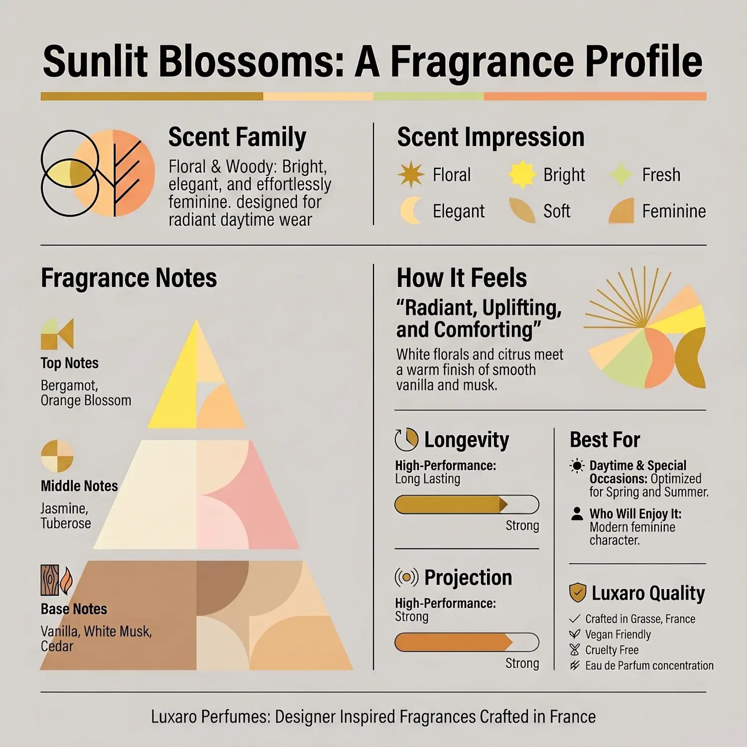 Sunlit Blossoms is a My Way dupe perfume by Luxaro, made in France fragrance infographic showing scent profile, key notes, performance and fragrance family