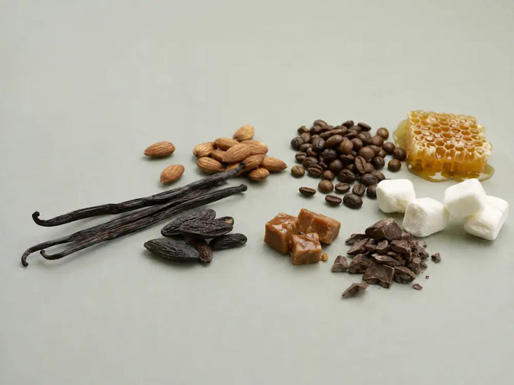 Vanilla, tonka, almonds, coffee, cacao, praline, honeycomb and marshmallow representing the Sweet & Gourmand fragrance family