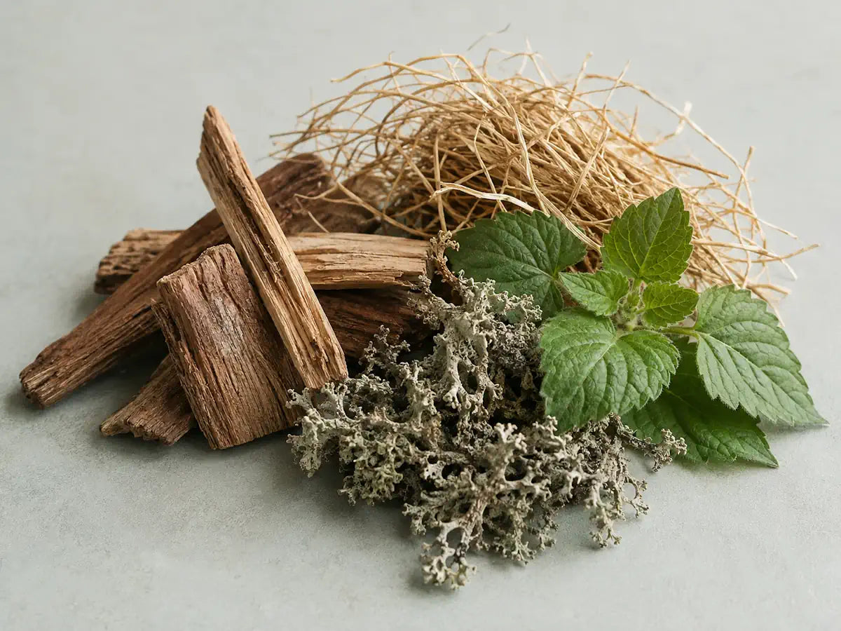 Cedarwood, vetiver roots, patchouli leaves and oakmoss on a pale cool green-grey background