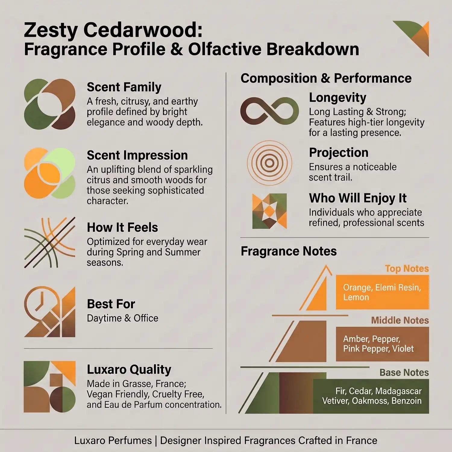 Zesty Cedarwood is an Eau des Merveilles dupe perfume by Luxaro, made in France fragrance infographic showing scent profile, key notes, performance and fragrance family
